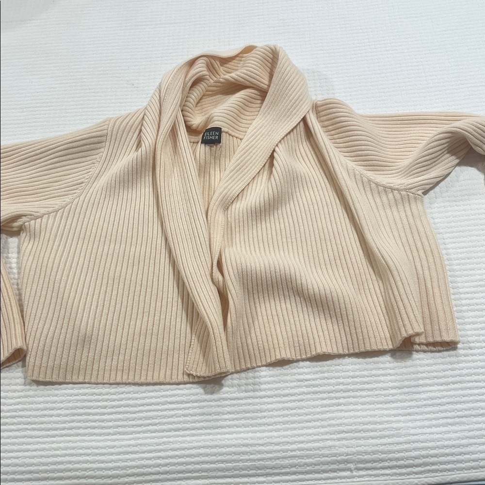 Eileen Fisher shawl collar‎ cardigan Sz M cream boxy Office Career Merino wool